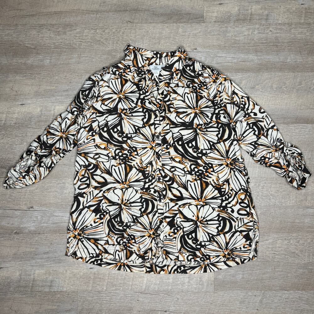 HOT COTTON Lagenlook Boxy Linen Floral Button Front Top Cruise ¾ Tab Sleeves XL